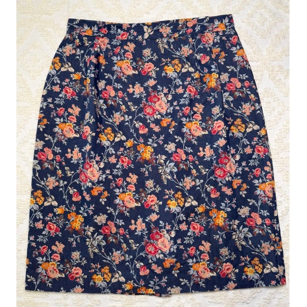 Lulu Alexander Floral Pencil Skirt Navy Blue 12P Petite Vintage Cottagecore Bohi